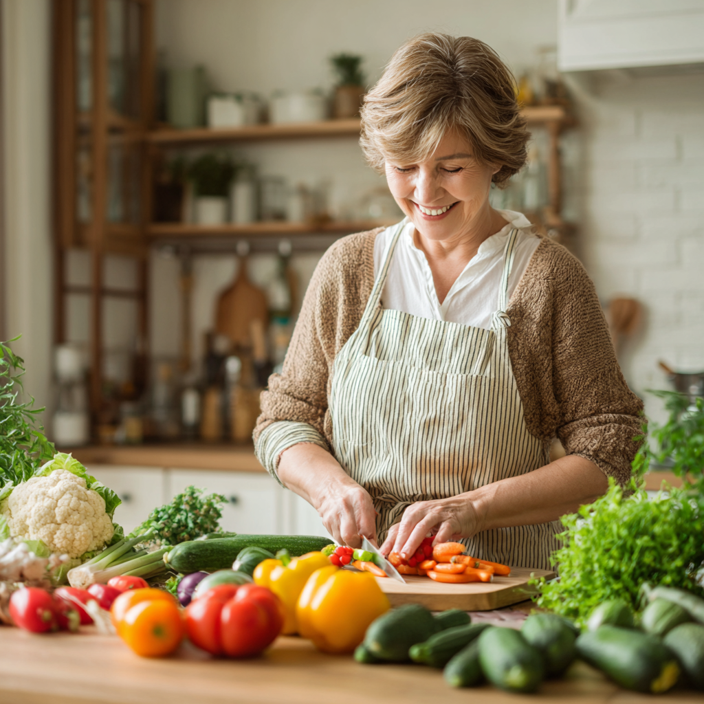 Smiling middle-aged Ukrainian woman in kitchen preparing colorful vegetables and fruits, representing healthy nutrition planning and energy through food
