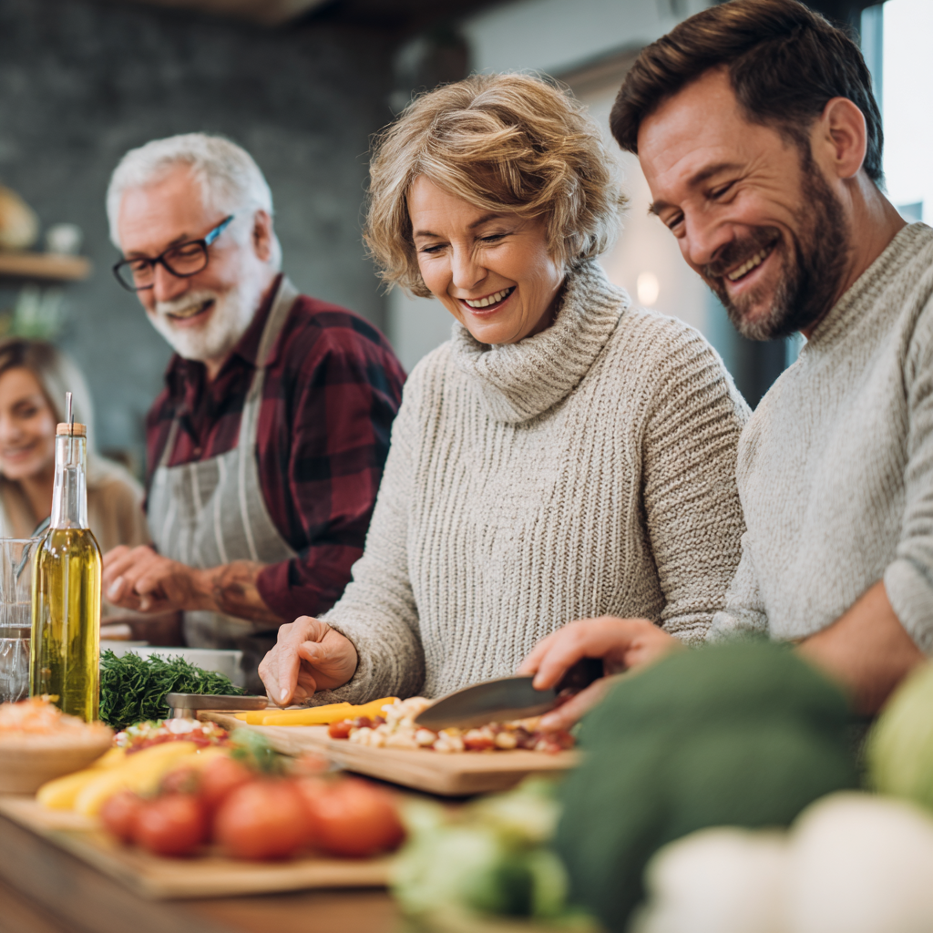 Group of Ukrainian adults of various ages exercising together in a park, showing improved fitness and energy levels from proper nutrition planning